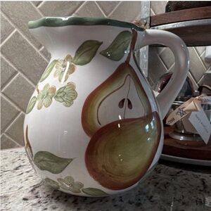 American Atelier White Ceramic Pitcher with Green Rim and Pear Motif